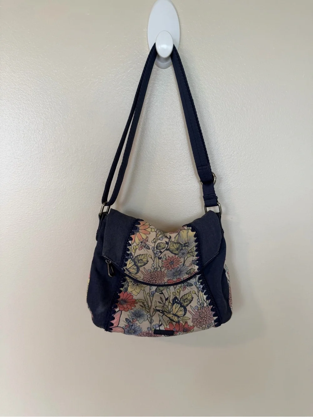 SAKROOTS Navy & Wildflower Butterfly Print Adjustable Crossbody Hobo Bag